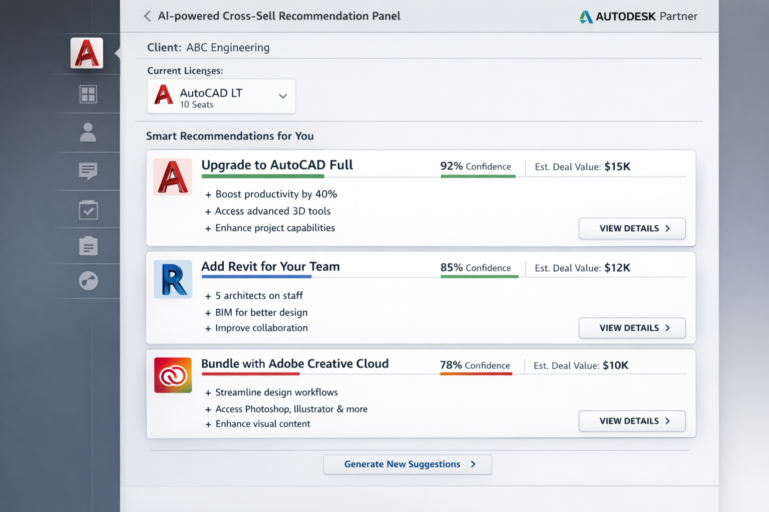لوحة توصيات بيع متقاطع مدعومة بالذكاء الاصطناعي تعرض اقتراحات ترقية منتجات Autodesk مع درجات الثقة وقيم الصفقات المقدرة