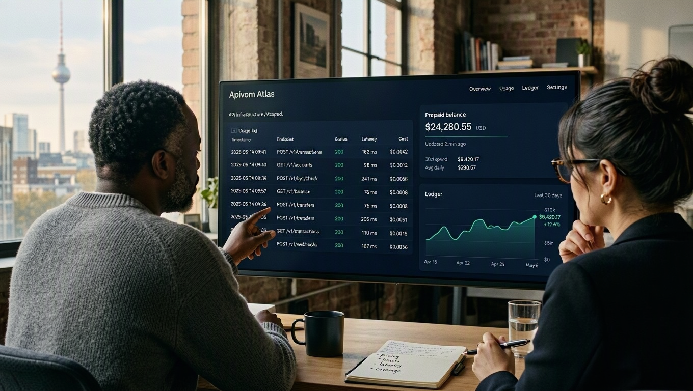 Team reviewing API usage logs and prepaid balance in the Apivom Atlas portal