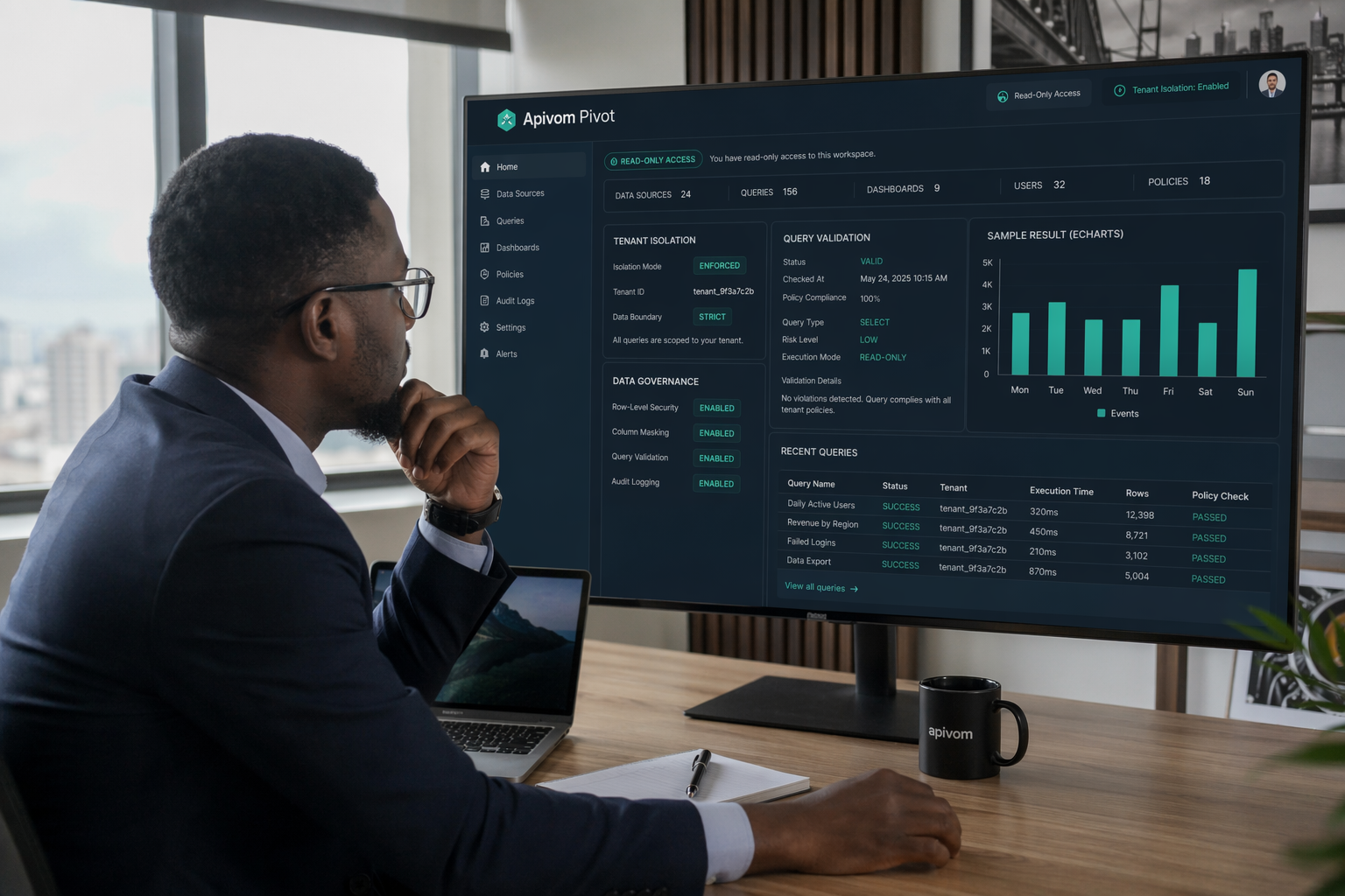 Security architect reviewing read-only access, tenant-isolation, and query-validation controls on an Apivom Pivot dashboard