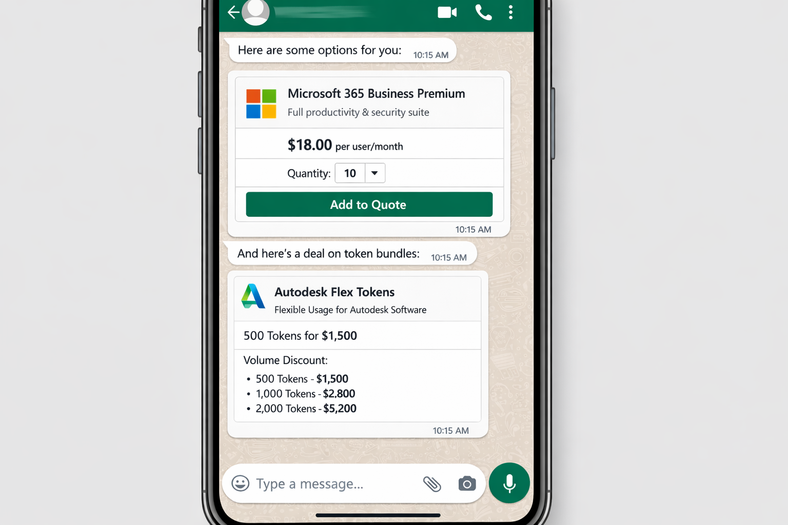 WhatsApp sohbet arayüzünde Microsoft 365 ve Autodesk Flex token lisanslaması için konuşma tabanlı ticaret