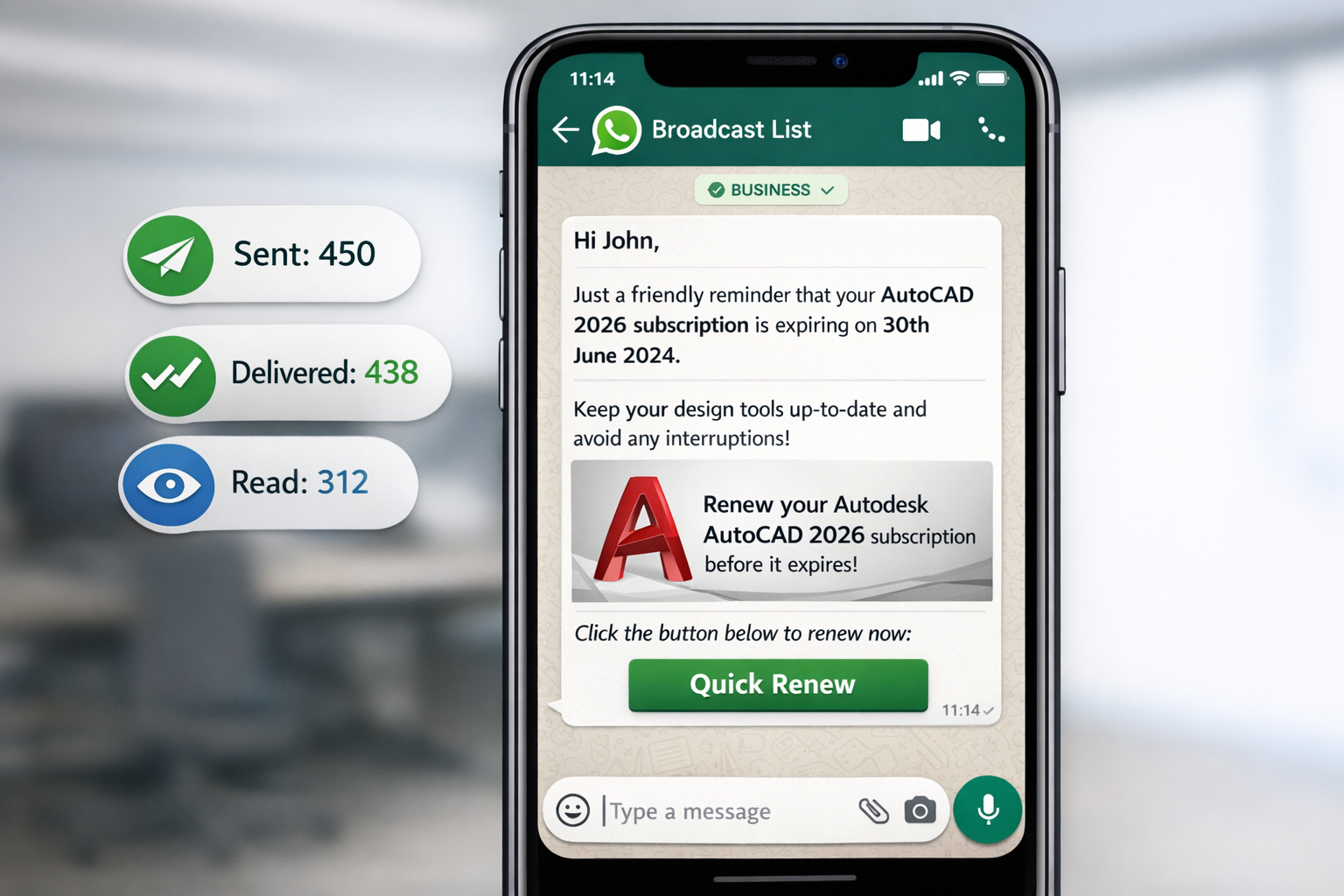 Autodesk lisans yenileme hatırlatmaları için WhatsApp Business pazarlama kampanyası kişiselleştirilmiş şablonlar ve teslimat istatistikleri
