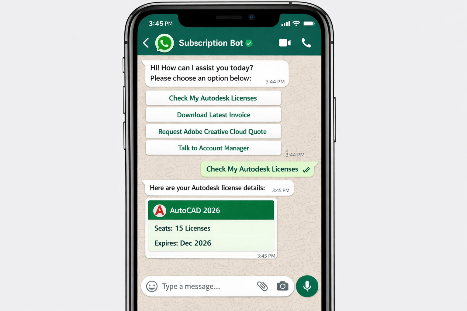 Autodesk lisans durumu sorgulama ve Adobe Creative Cloud teklif talebi gösteren WhatsApp self-servis chatbot
